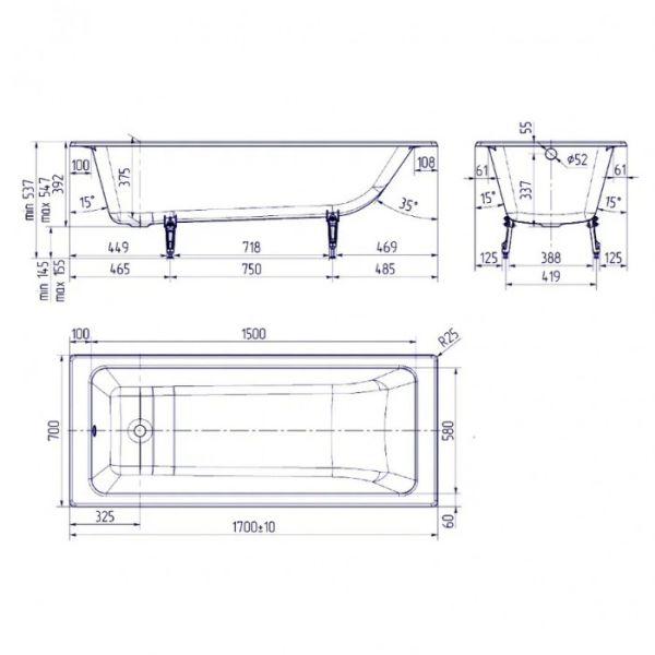 Ванна чугунная Delice Parallel DLR220505RB 170х70 с черными матовыми ручками
