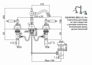 Смеситель для биде на три отверстия, золото Cezares DIAMOND-BBS2-03/24-Sw