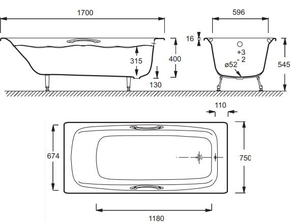 Чугунная ванна Jacob Delafon DIAPASON E2926-00 с отверстиями для ручек 170x75