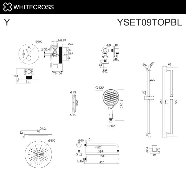Душевой комплект термостатический WHITECROSS Y YSET09TOPBL чёрный матовый