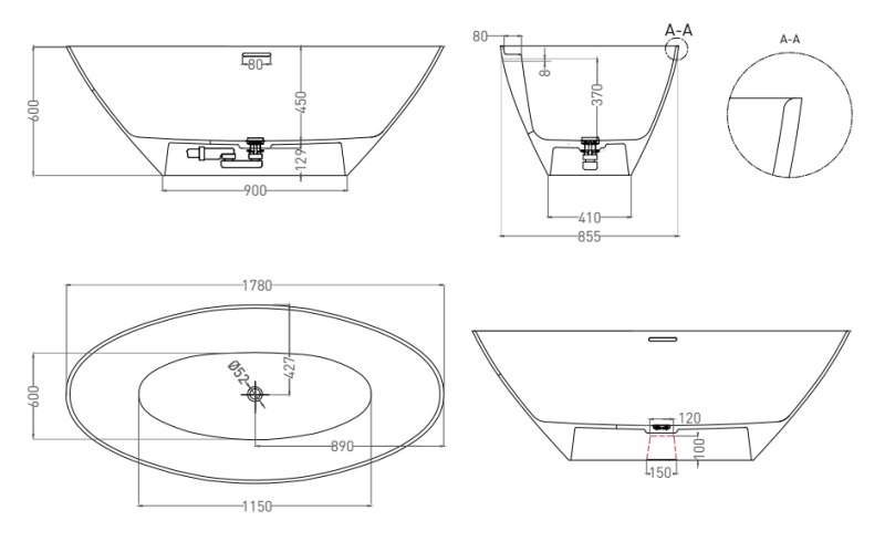 Ванна из искусственного камня Salini Diva S-Sense 102211GRF 178x85см RAL полностью