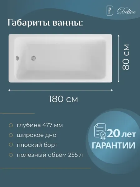 Ванна чугунная Delice Parallel DLR 220506 180x80см белый