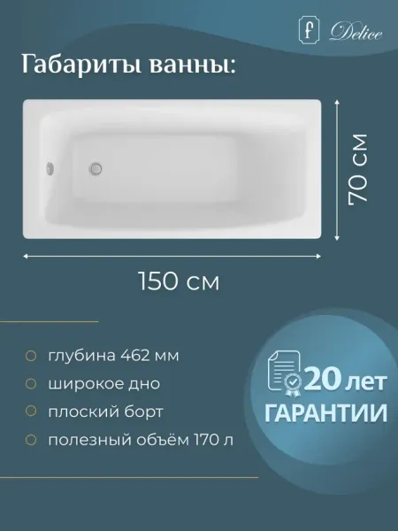 Ванна чугунная Delice Repos DLR 220507 150x70см белый