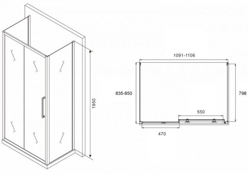 Душевой уголок ABBER Schwarzer Diamant AG30110MH-S85M-S85M 110x85см хром