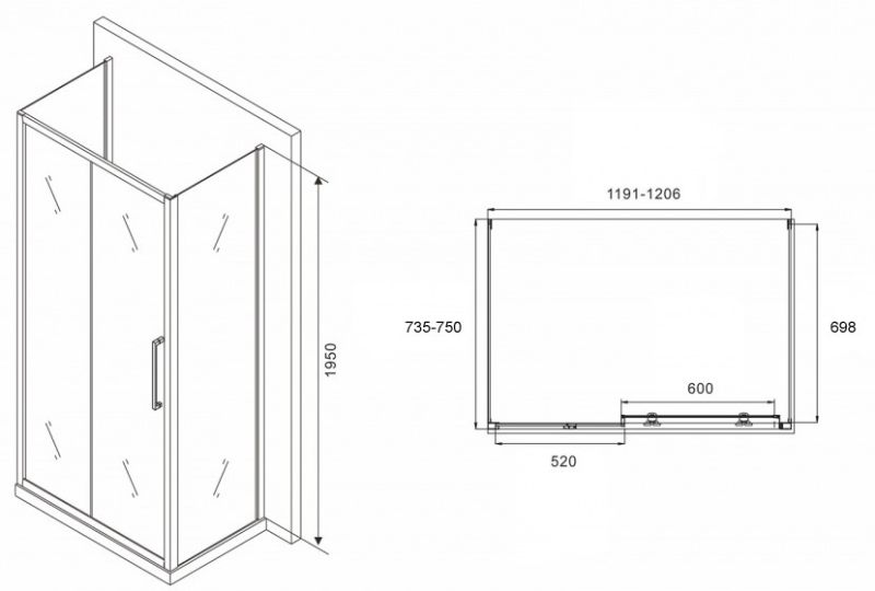Душевой уголок ABBER Schwarzer Diamant AG30120MH-S75M-S75M 120x75см хром