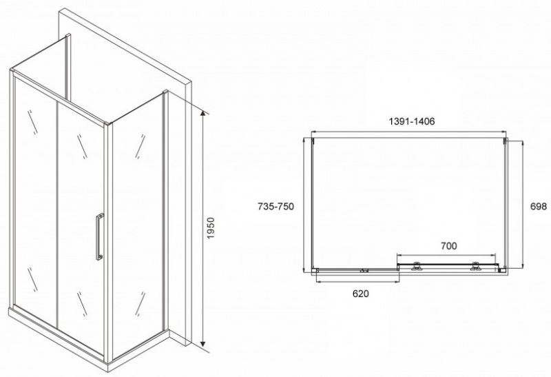 Душевой уголок ABBER Schwarzer Diamant AG30140BH-S75B-S75B 140x75см чёрный