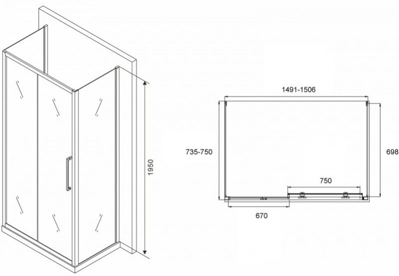 Душевой уголок ABBER Schwarzer Diamant AG30150MH-S75M-S75M 150x75см хром