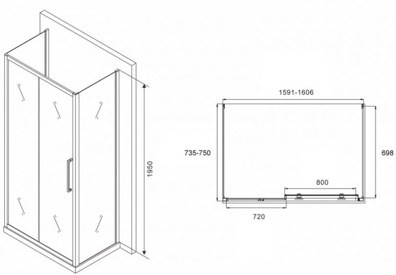 Душевой уголок ABBER Schwarzer Diamant AG30160BH-S75B-S75B 160x75см чёрный