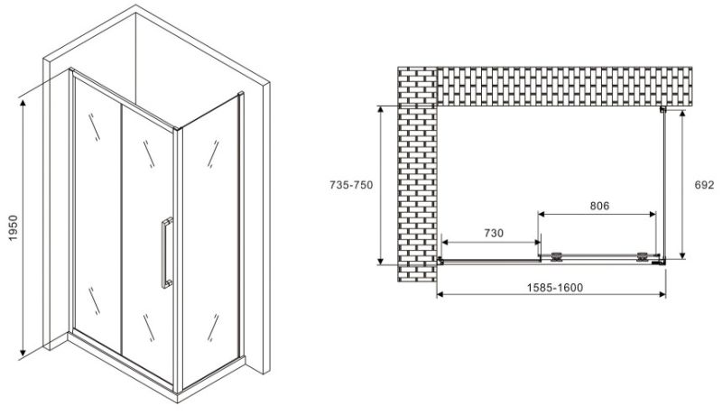 Душевой уголок ABBER Schwarzer Diamant AG30160MH-S75M 160x75см хром