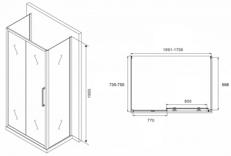 Душевой уголок ABBER Schwarzer Diamant AG30170BH-S75B-S75B 170x75см чёрный