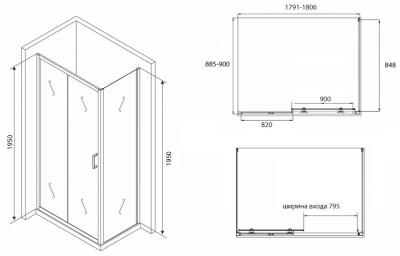 Душевой уголок ABBER Schwarzer Diamant 180x90см AG30180B-S90B
