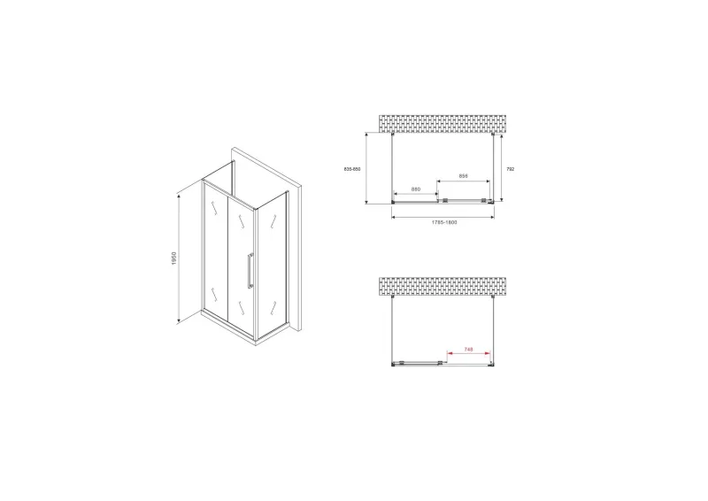 Душевой уголок ABBER Schwarzer Diamant AG30180BH-S85B-S85B 180x85 см профиль чёрный стекло прозрачное