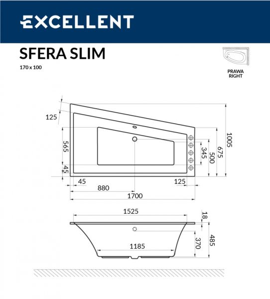 Ванна акриловая Excellent Sfera Slim 170 х 100 см левая