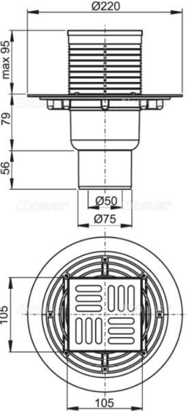 Сливной трап AlcaPlast 105 ? 105/50мм решетка - хром APV201