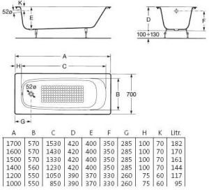 Чугунная ванна Roca Continental 150x70 21291300R с противоскользящим покрытием