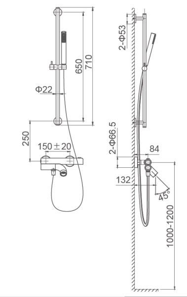 Смеситель для ванны с душевым гарнитуром Wonzon & Woghand Loop WW-311-00-508 с термостатом чёрный матовый