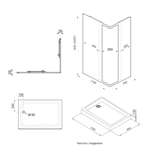 Душевой уголок Triton Вента -Голд Щ0000073919 120x80 см профиль золото стекло прозрачное