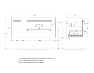 База под раковину Cezares подвесн. с дв. выкатн. ящ. и одной распашн. дверц., правосторонн. Bianco Lucido, 1200x457x500,ECO-CER-N-1200-2C-1A-SO-BL-R