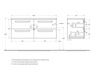 База под раковину Cezares подвесная с четырьмя выкатными ящиками для раковины с двумя чашами, Bianco Lucido, 1200x457x500, ECO-CER-N-1200-4C-SO-2-BL