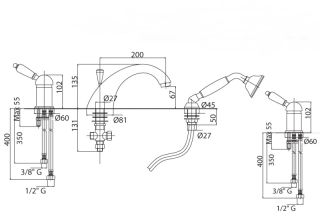 Смеситель на борт ванны однорычажный с выдвижным душем и переключателем, золото Cezares ELITE-BVDM-03/24-Bi
