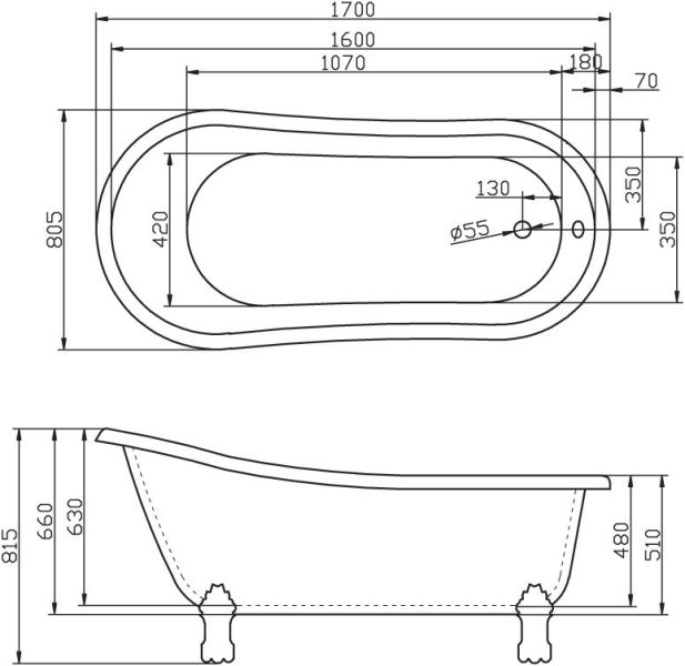 Акриловая ванна BelBagno отдельностоящая, белая 170x80 BB04