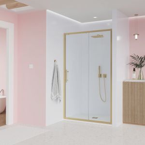 Душевая дверь Veconi Evo 100 G, 1300x1950, золото брашинг, стекло прозрачное