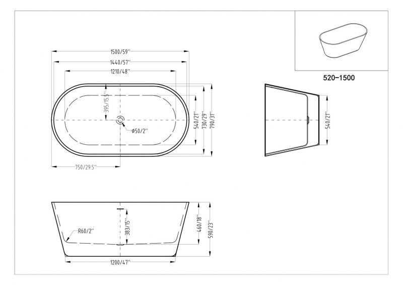 Акриловая ванна ArtMax AM-520-1500-790 150x80 см