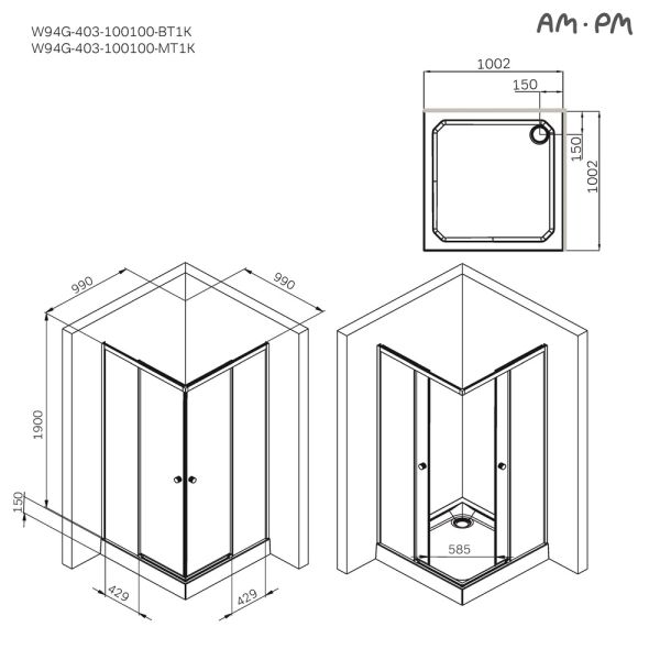 Душевой уголок Am.Pm X-joy W94G-403-100100-BТ1К 100x100 см без поддона чёрный матовый
