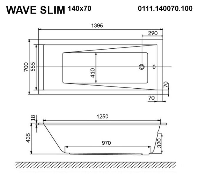 Акриловая ванна Whitecross Wave Slim 0111.140070.100 140x70см белый глянец
