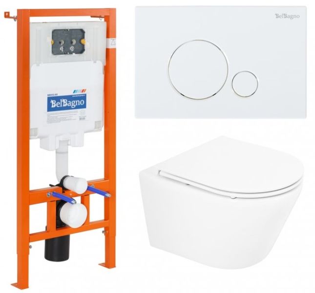 Комплект 3 в 1 BelBagno BB8001CHR/SC/BB002-80/BB014-SR-BIANCO унитаз подвесной с сиденьем TRE BB8001CHR/SC система инсталляции для унитазов  BB002-80  с кнопкой смыва BB014-SR-BIANCO