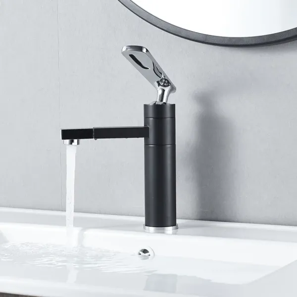 Смеситель для раковины Shevanik S6601H с поворотным носиком чёрный/хром