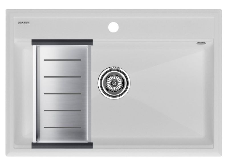 Комплект Paulmark: мойка Stepia 80 и коландер Advance PM117551-WH+A375-BS белый/брашированная нержавеющая сталь