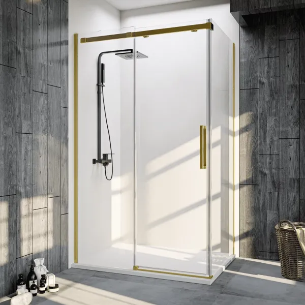 Душевой уголок Veconi Rovigo RV-070G, 1300х800х1950, брашированное золото, стекло прозрачное Душевой уголок Veconi Rovigo RV-070G, 1300х800х1950, брашированное золото, стекло прозрачное