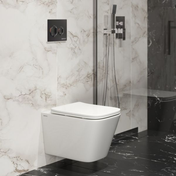 Комплект Berges 043275: инсталляция NOVUM 525 D5 Soft Touch чёрная унитаз Floe Rimless сидение дюропласт Floe Slim SO