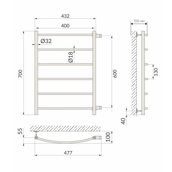 Полотенцесушитель водяной Indigo Arc LASW70-40GFM-б/п-60 70x40 см графит металлик