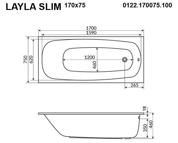 Акриловая ванна Whitecross Layla Slim 0122.170075.100 170x75см белый глянец