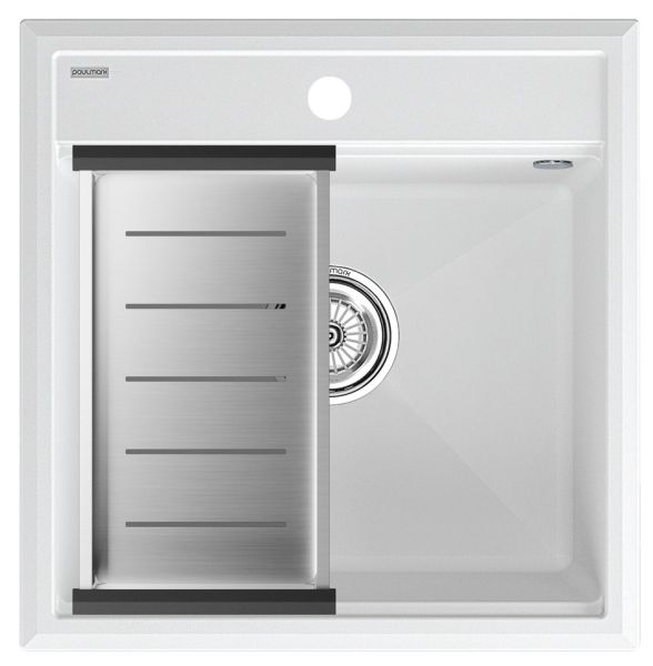 Комплект Paulmark: мойка Stepia 50 и коландер Advance PM115051-WH+A375-BS белый/брашированная нержавеющая сталь