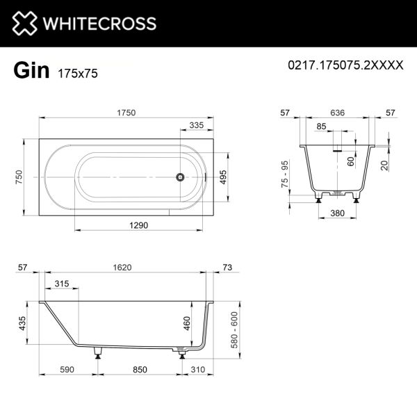Ванна из искусственного камня WHITECROSS Gin 0217.175075.2XXXX 175x75 см RAL мат