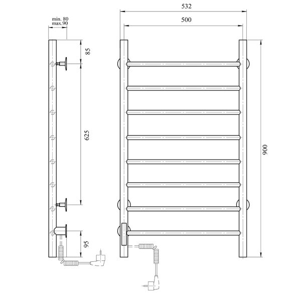 Полотенцесушитель электрический Domoterm Аврора DMT 109-8 50x90 EKT L хром