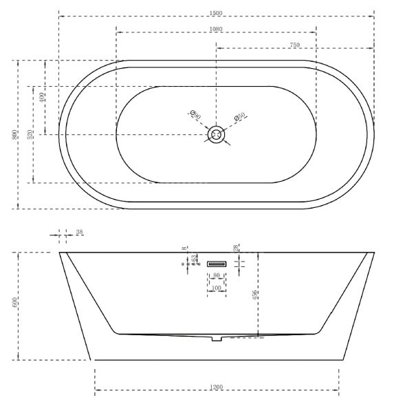 Акриловая ванна ABBER 150x80см AB9203-1.5