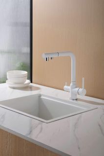 Смеситель для кухни ABBER Emotion AF8814W с подключением к фильтру и выдвижной лейкой белый матовый