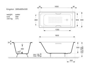 Ванна чугунная Vinsent Veron Kingston VKN1808050H/VH0012MGD-AS  с ручками золото матовое 180х80 см