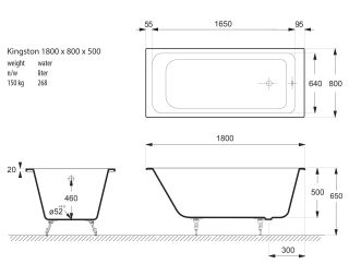 Ванна чугунная Vinsent Veron Kingston VKN1808050 180x80см без отверстий для ручек