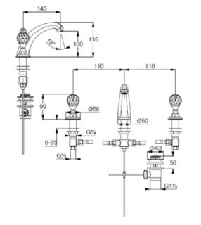 Смеситель для раковины на три отверстия Kludi 1926 хром 5104305G5