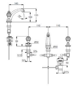 Смеситель для раковины на три отверстия Kludi 1926 позолоченный 5104345G4
