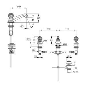 Смеситель для раковины на три отверстия Kludi 1926 позолоченный 5104645G4