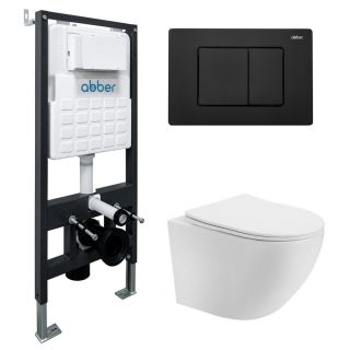 Комплект ABBER AC1100-AC0105-AC0120MB подвесной унитаз Bequem AC1100 белый с инсталляцией AC0105 и кнопкой AC0120MB черная матовая