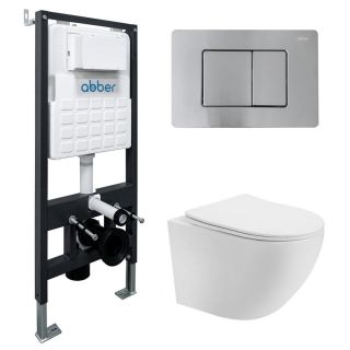 Комплект ABBER AC1100-AC0105-AC0120MCH подвесной унитаз Bequem AC1100 белый с инсталляцией AC0105 и кнопкой AC0120MCH матовый хром