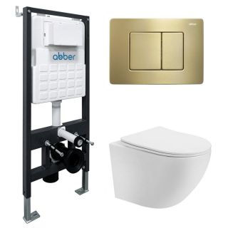 Комплект ABBER AC1100-AC0105-AC0120MMG подвесной унитаз Bequem AC1100 белый с инсталляцией AC0105 и кнопкой AC0120MMG золото матовое