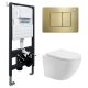 Комплект ABBER AC1100-AC0105-AC0120MMG подвесной унитаз Bequem AC1100 белый с инсталляцией AC0105 и кнопкой AC0120MMG золото матовое